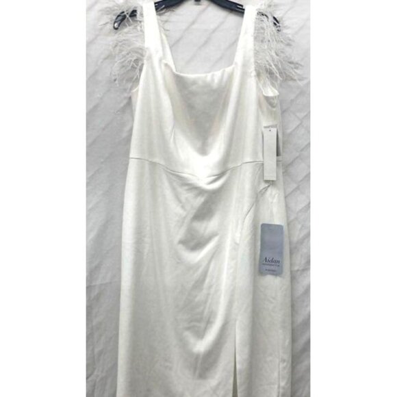 Adrianne Papell White Feather-Trimmed Midi Dress With Side Slit Sz 14 NWT - Picture 6 of 9